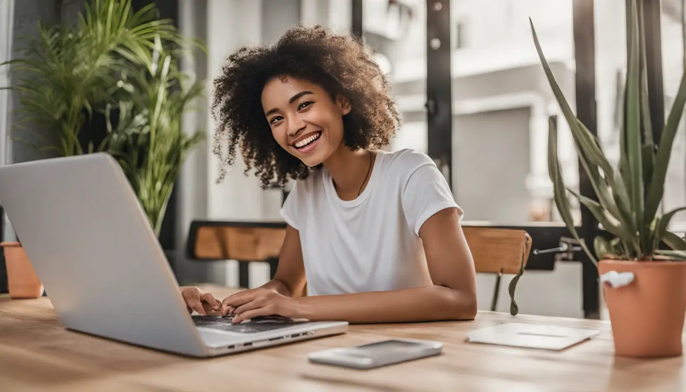 Mulher jovem trabalhando em um laptop na Shopee, com pacotes de encomendas e prateleiras cheias de mercadorias ao fundo, representando renda extra diária.